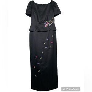 Beautiful black satin full length with embroidered flowers dress size 8